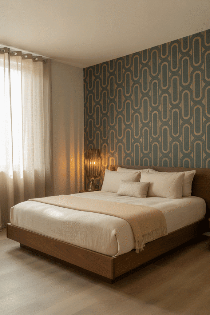Mid-century bedroom with navy accent wall, wood bed, and brass sconces.