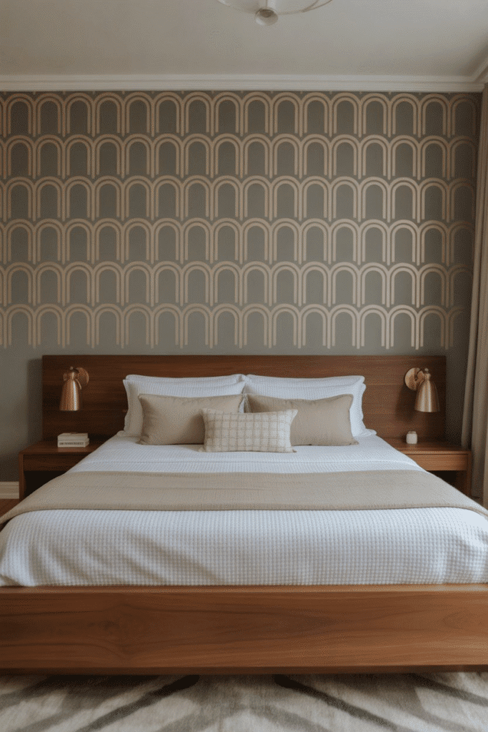 Mid-century bedroom with navy accent wall, wood bed, and brass sconces.