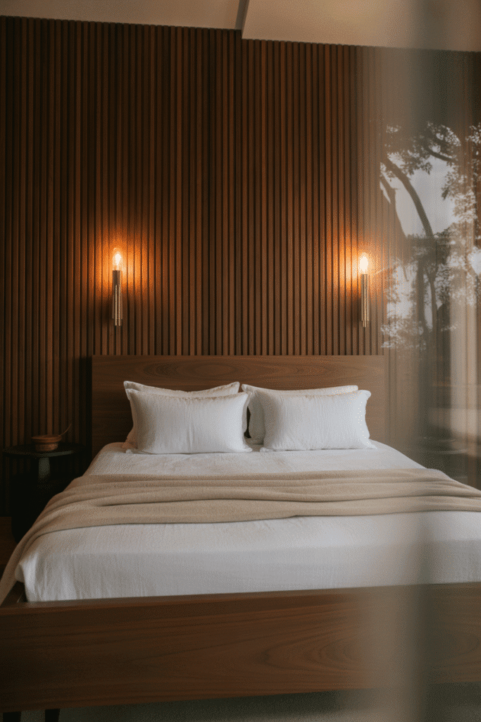 Mid-century bedroom with navy accent wall, wood bed, and brass sconces.