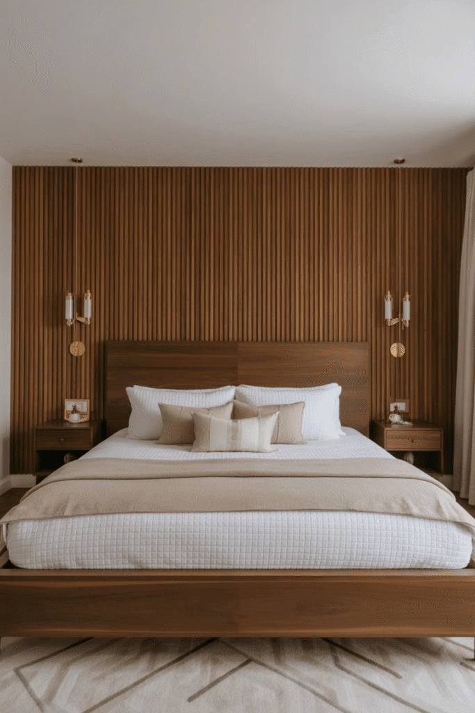 Mid-century bedroom with navy accent wall, wood bed, and brass sconces.