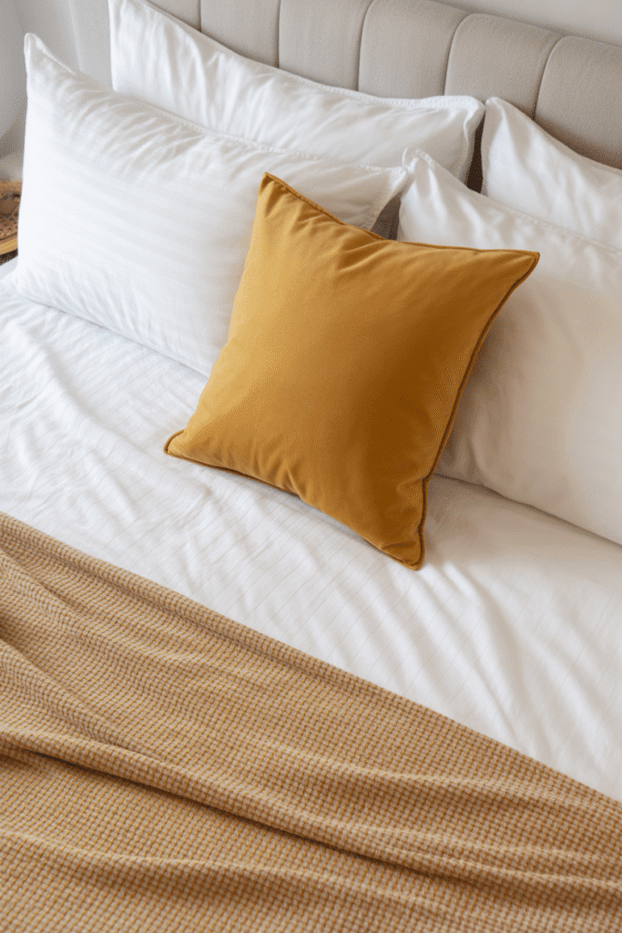 Mid-century bed with white sheets, beige blanket, and mustard accent pillow.