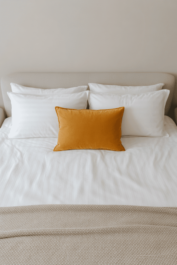 Mid-century bed with white sheets, beige blanket, and mustard accent pillow.
