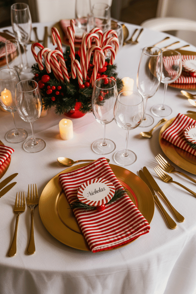 Playful Christmas dinner table setting with candy cane decorations.