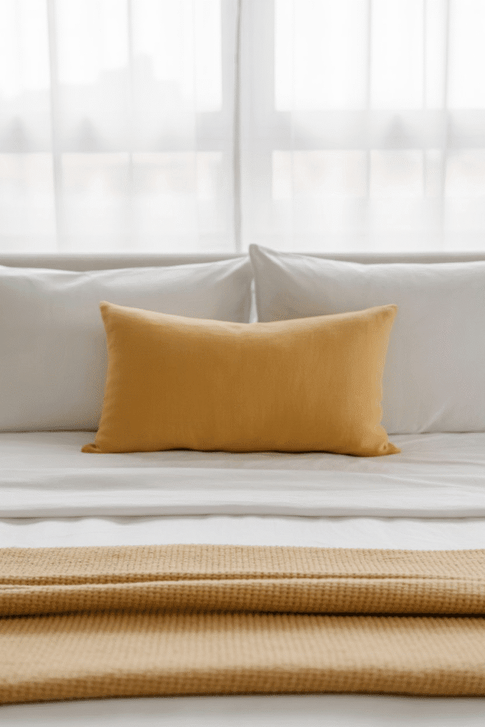 Mid-century bed with white sheets, beige blanket, and mustard accent pillow.