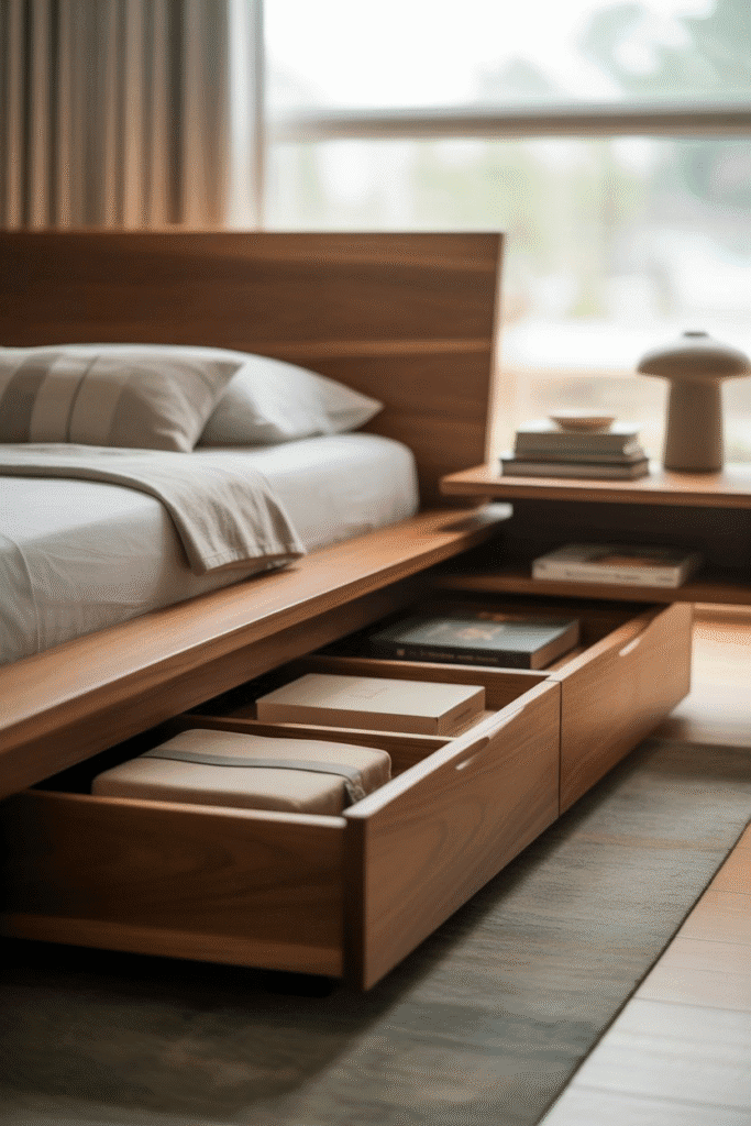 Mid-century modern platform bed with drawers and floating nightstand.
