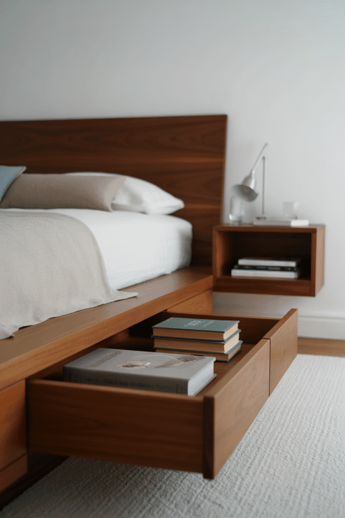 Mid-century modern platform bed with drawers and floating nightstand.