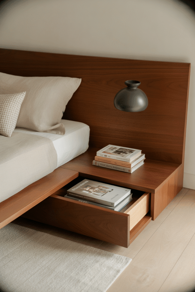 Mid-century modern platform bed with drawers and floating nightstand.