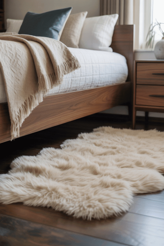Mid-century bedroom with shag rug under wooden bed.