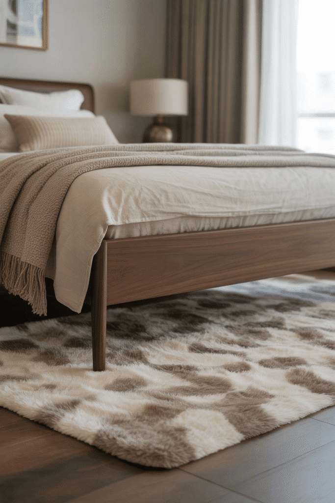 Mid-century bedroom with shag rug under wooden bed.