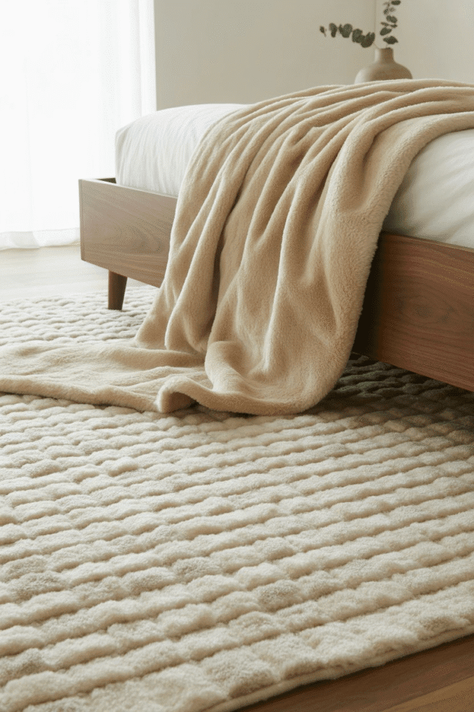 Mid-century bedroom with shag rug under wooden bed.