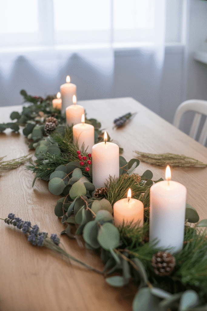 Natural greenery-inspired Christmas table with eucalyptus garland and candles.