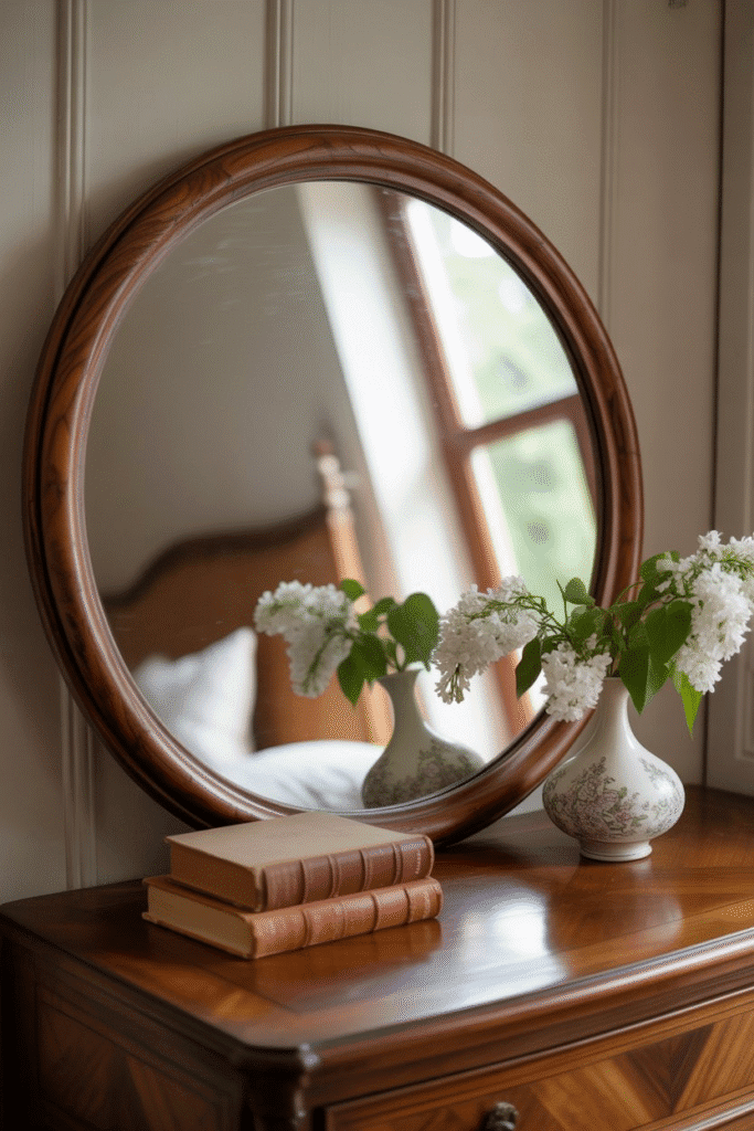 Mid-century modern bedroom with walnut mirror above dresser.