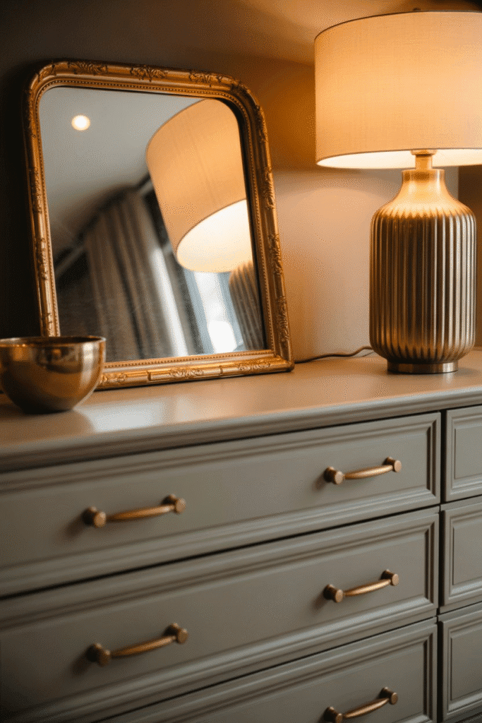 Mid-century bedroom with brass hardware and gold accent lamp.