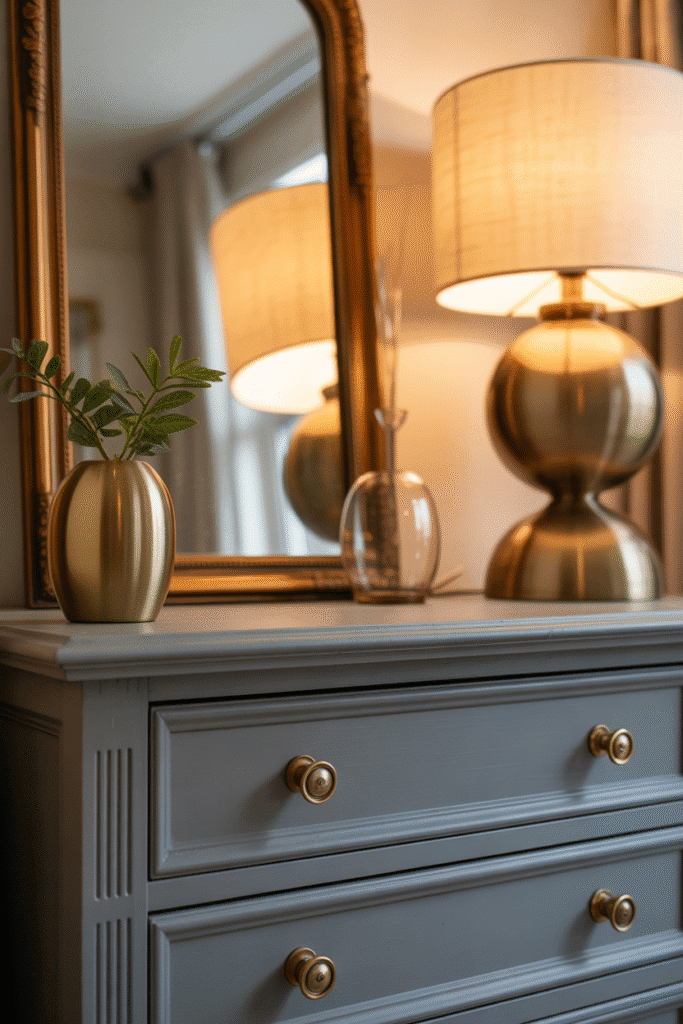 Mid-century bedroom with brass hardware and gold accent lamp.