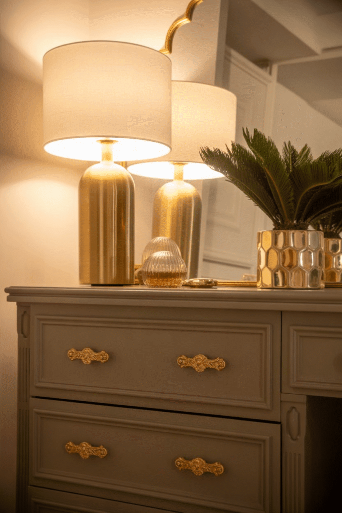 Mid-century bedroom with brass hardware and gold accent lamp.