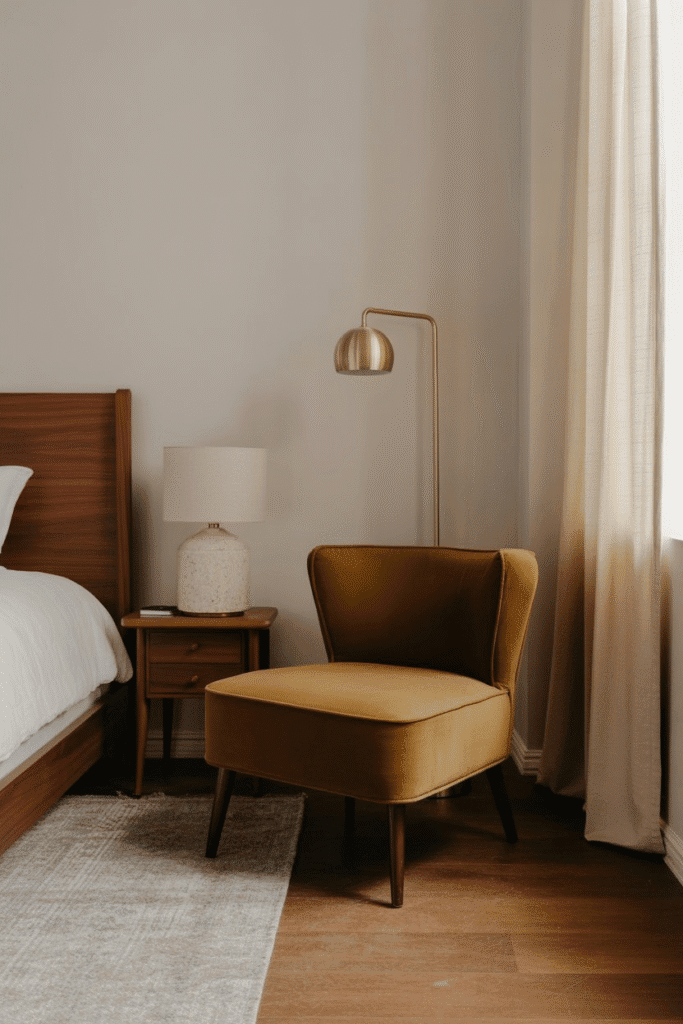 Mid-century modern bedroom with velvet, walnut, linen, and brass textures.