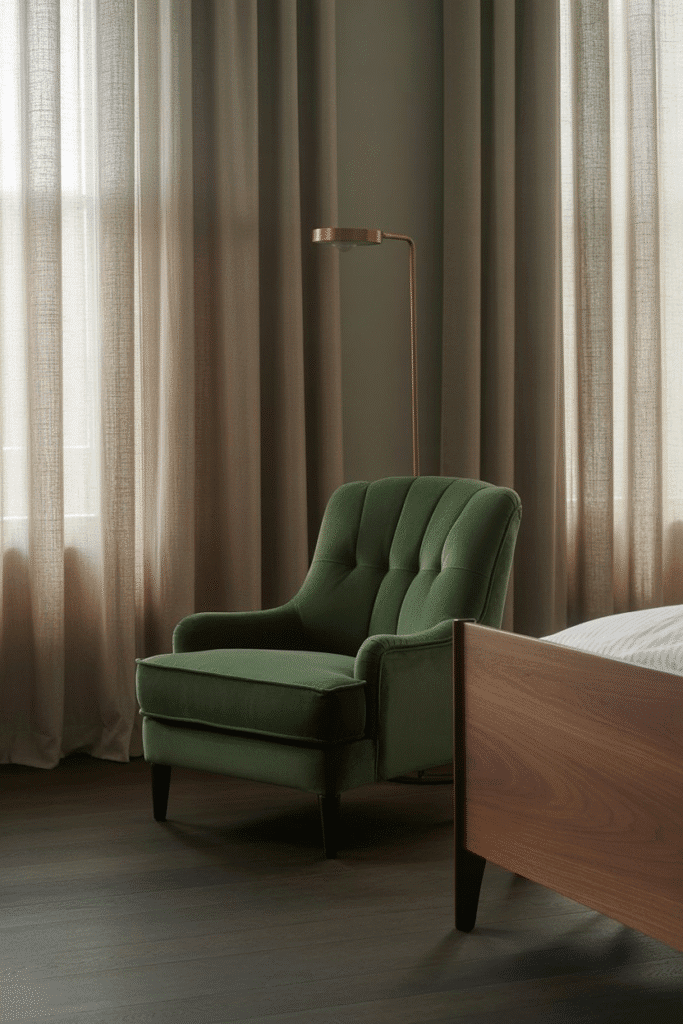 Mid-century modern bedroom with velvet, walnut, linen, and brass textures.