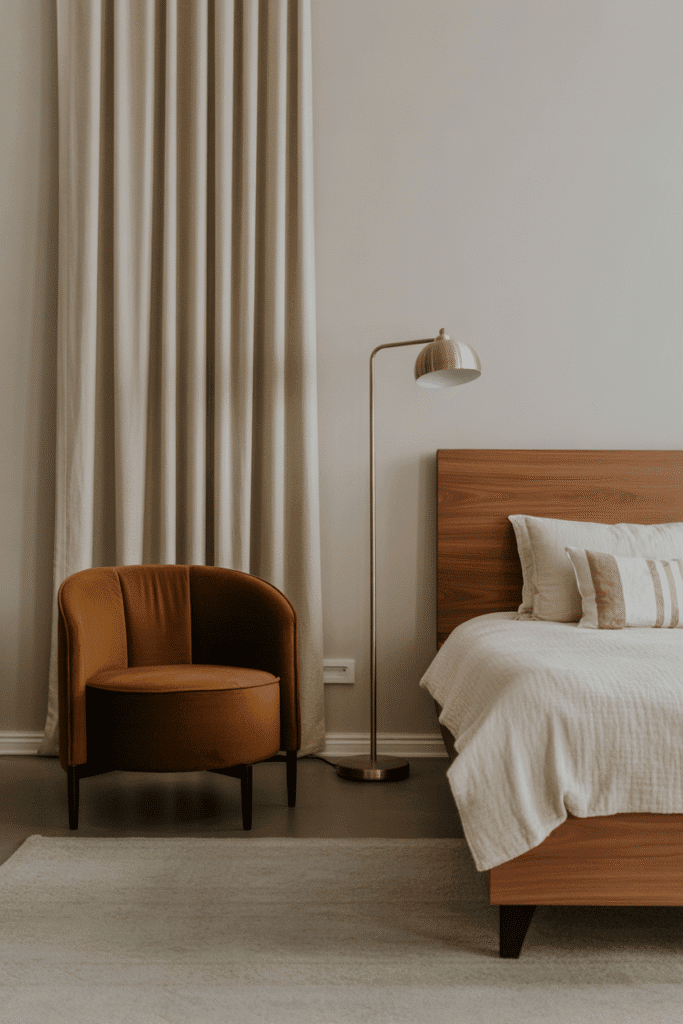 Mid-century modern bedroom with velvet, walnut, linen, and brass textures.