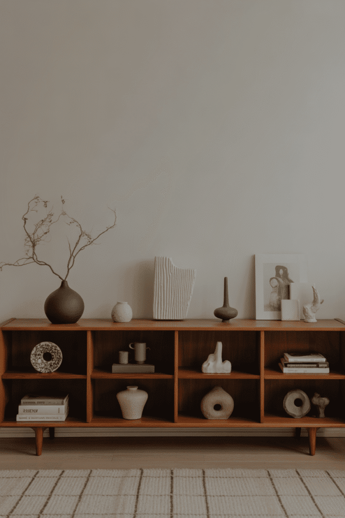 Mid-century bookshelf with books, ceramics, and minimalist styling.