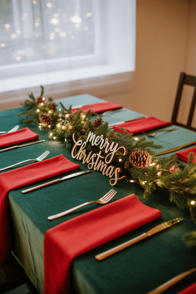 Classic Christmas dinner table setting with red and green décor and gold accents.