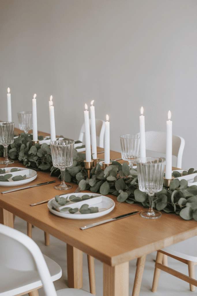Natural greenery-inspired Christmas table with eucalyptus garland and candles.