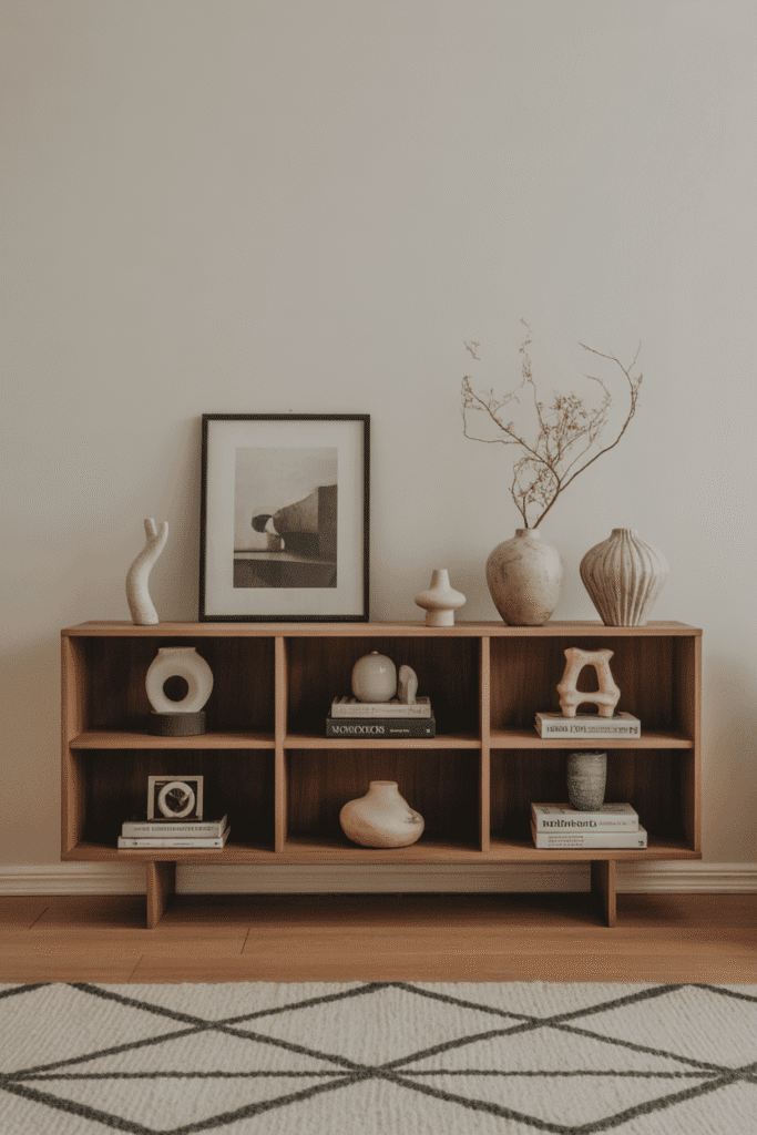 Mid-century bookshelf with books, ceramics, and minimalist styling.