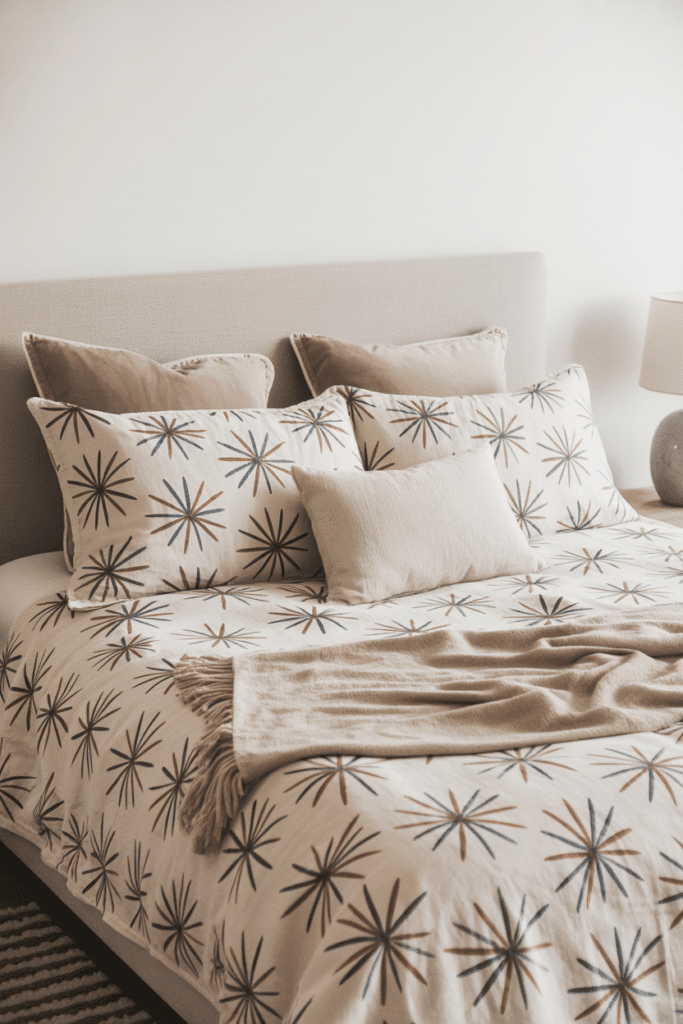 Mid-century modern bed with atomic starburst patterned bedding.