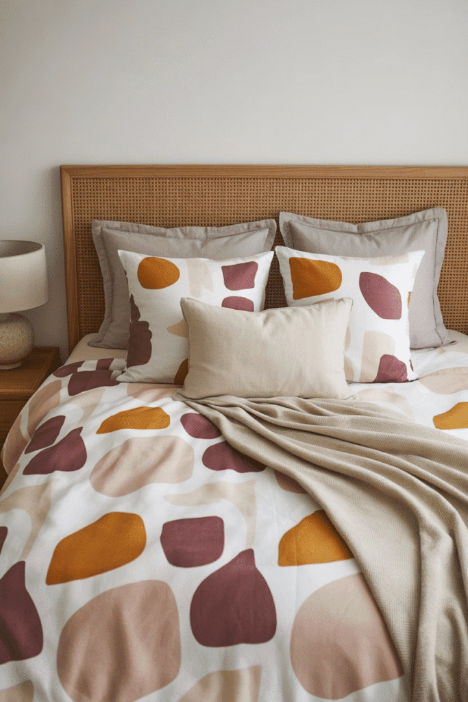 Mid-century modern bed with irregular shapes pattern bedding.