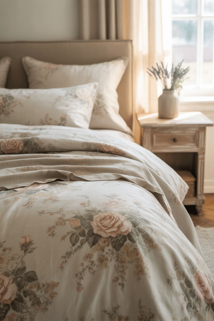 Mid-century modern bed with retro flowers print bedding.