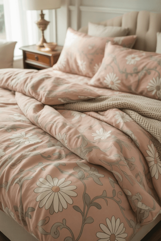 Mid-century modern bed with retro flowers print bedding.