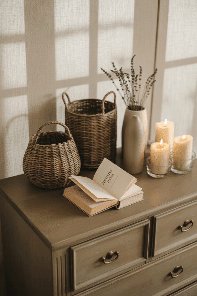 Mid-century modern dresser with baskets, candles, and ceramic vases.