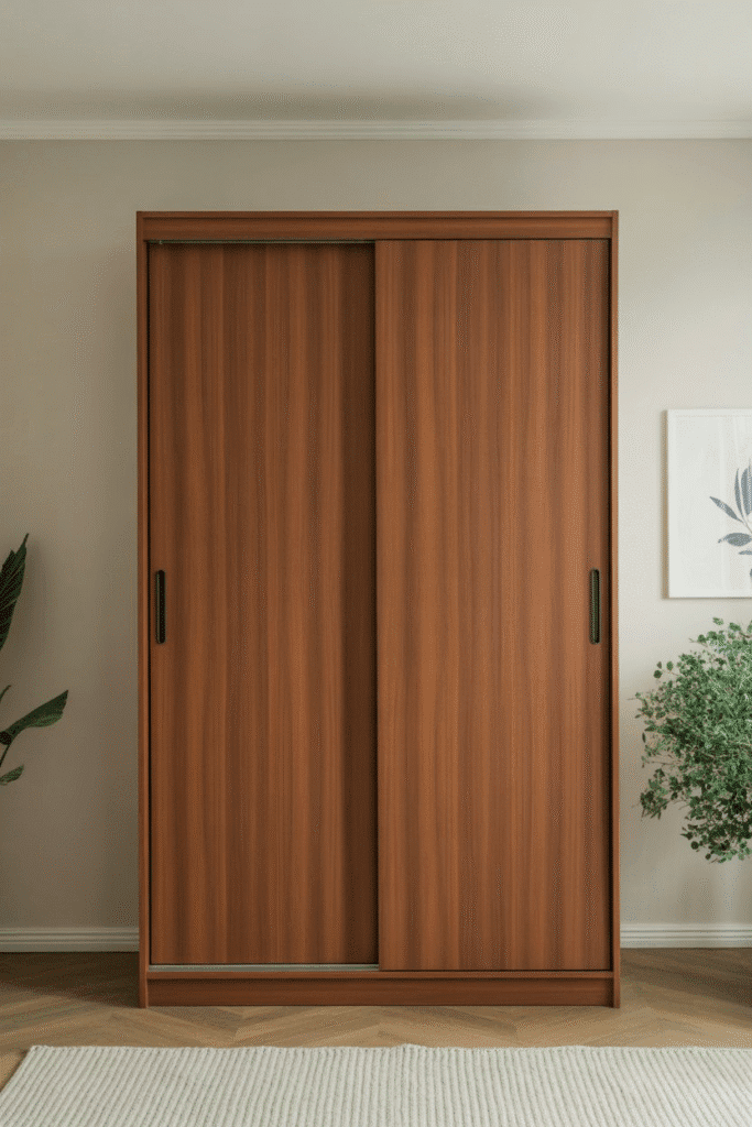 Mid-century bedroom with sliding wardrobe in wood veneer finish.