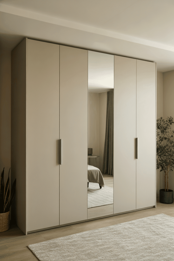 Mid-century bedroom with sliding wardrobe in wood veneer finish.
