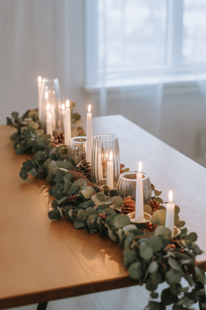 Natural greenery-inspired Christmas table with eucalyptus garland and candles.