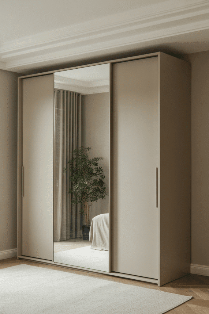 Mid-century bedroom with sliding wardrobe in wood veneer finish.