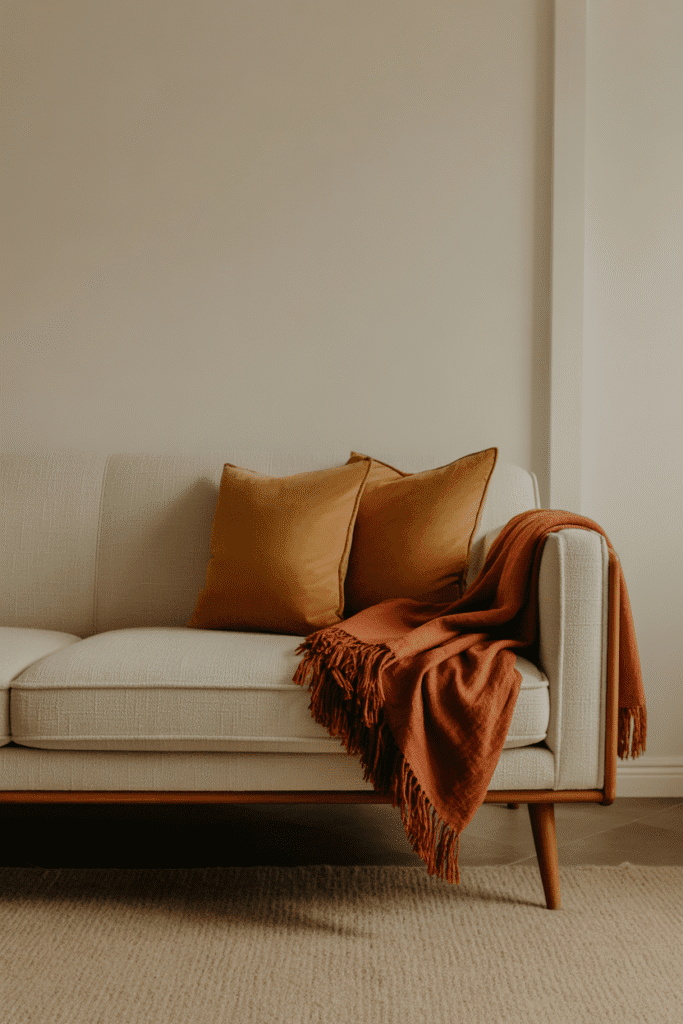 Cozy mid-century modern living room with beige low-slung sofa, tapered wooden legs, and mustard pillows.