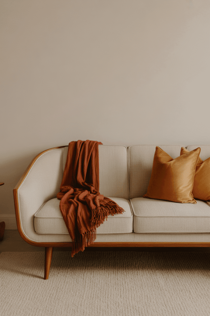 Cozy mid-century modern living room with beige low-slung sofa, tapered wooden legs, and mustard pillows.