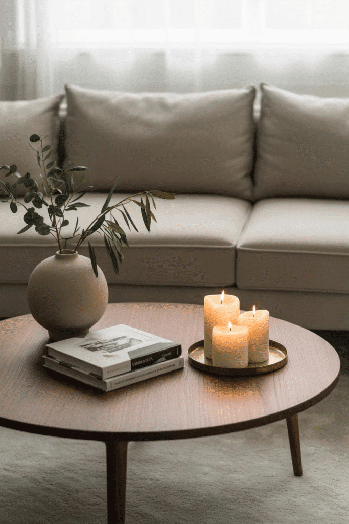 Walnut coffee table in a cozy mid-century modern living room with books and candles.