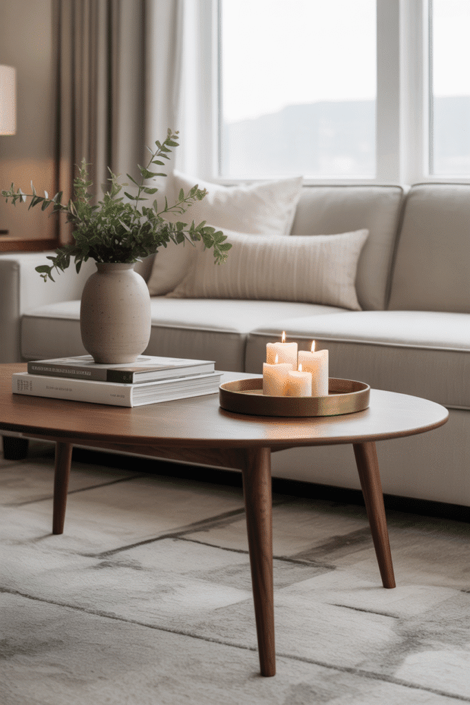 Walnut coffee table in a cozy mid-century modern living room with books and candles.