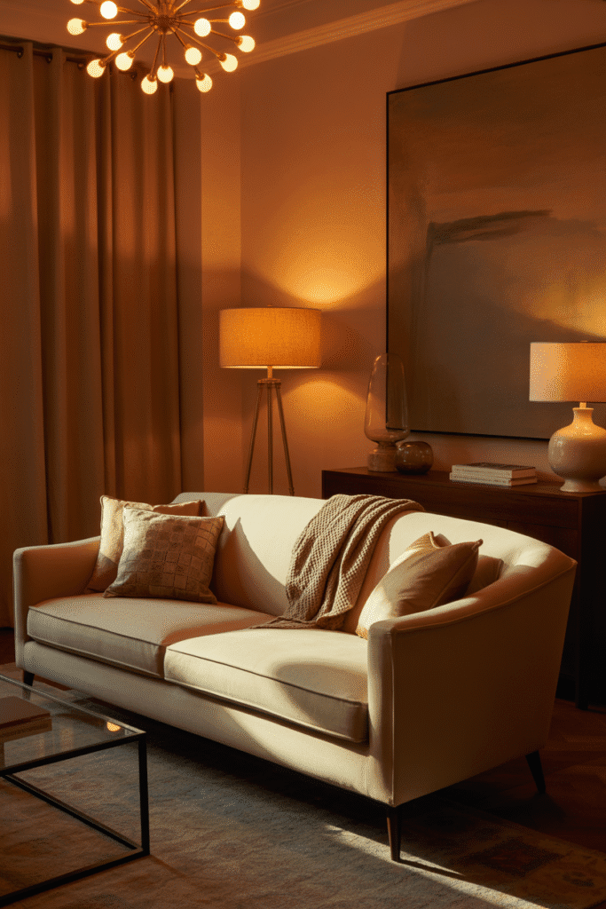 Cozy mid-century modern living room with layered lighting from chandelier, floor lamp, and table lamp.