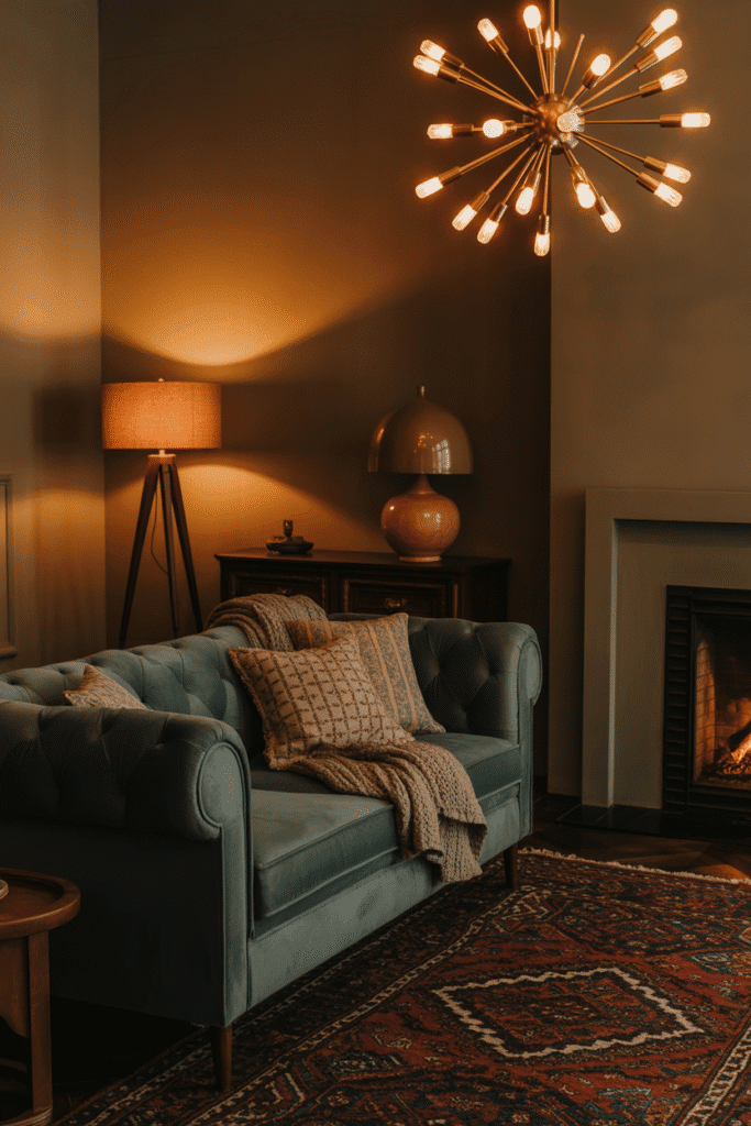 Cozy mid-century modern living room with layered lighting from chandelier, floor lamp, and table lamp.