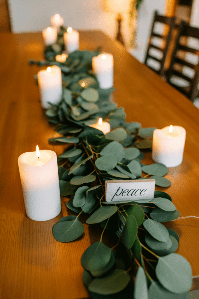 Natural greenery-inspired Christmas table with eucalyptus garland and candles.