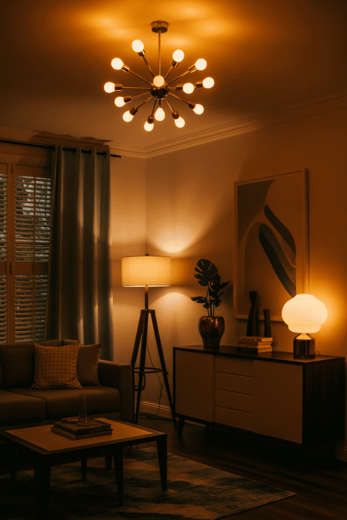 Cozy mid-century modern living room with layered lighting from chandelier, floor lamp, and table lamp.