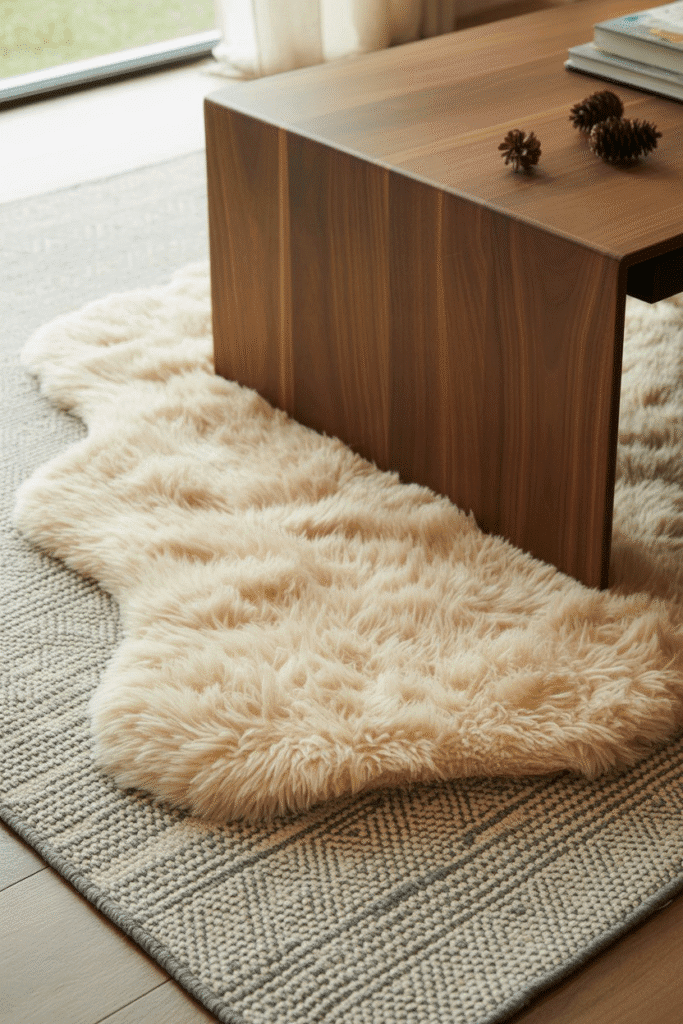 Mid-century modern living room with shag and geometric layered rugs under walnut coffee table.