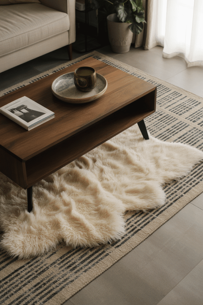 Mid-century modern living room with shag and geometric layered rugs under walnut coffee table.