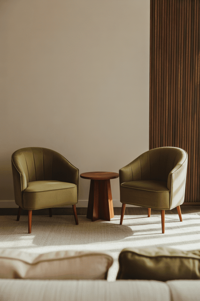 Olive green velvet accent chairs in cozy mid-century modern living room seating area.