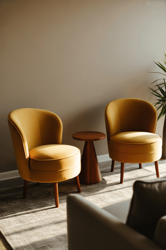Mustard velvet accent chairs in cozy mid-century modern living room seating area.
