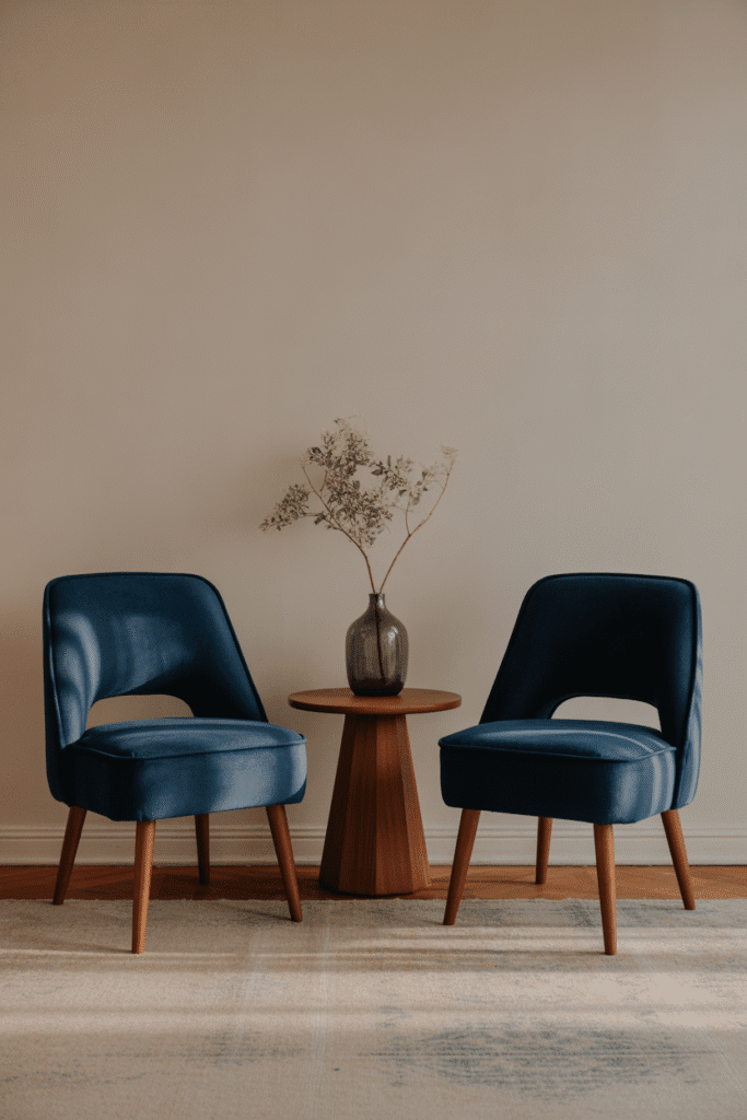 Blue velvet accent chairs in cozy mid-century modern living room seating area.