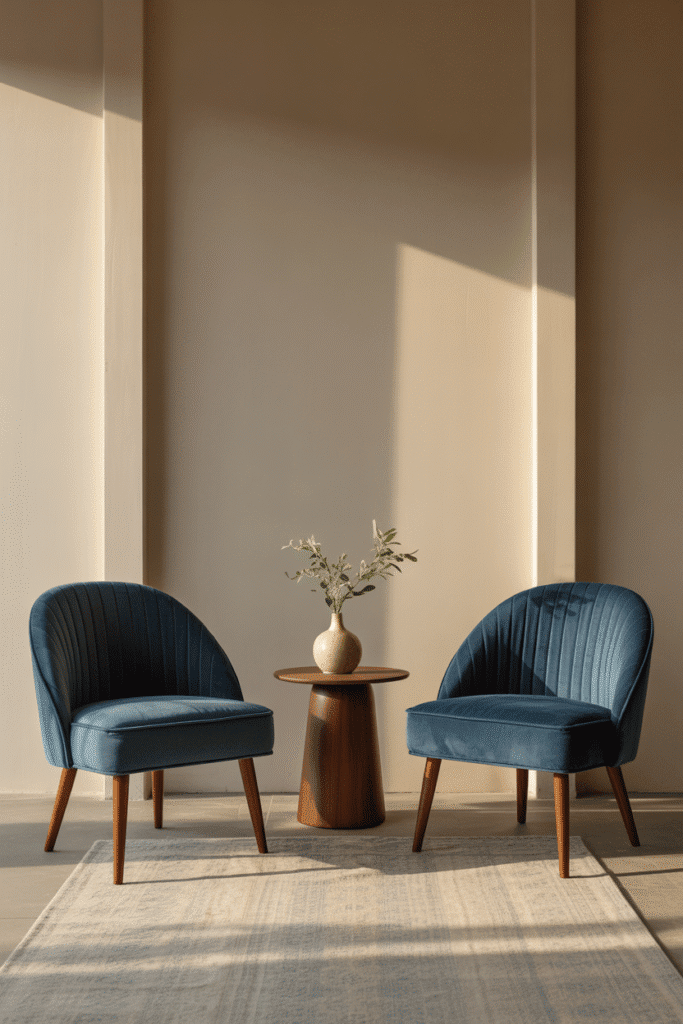 Blue velvet accent chairs in cozy mid-century modern living room seating area.
