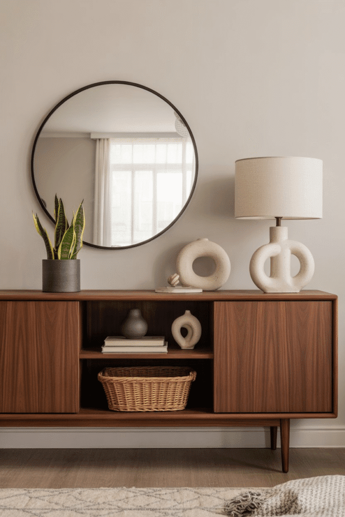 Walnut mid-century modern sideboard with round mirror, lamp, and greenery.